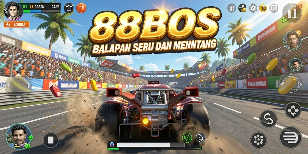 Tangkapan layar gameplay 88BOS dengan mobil balap yang melaju kencang di lintasan.