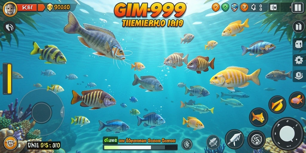 Tampilan gameplay menarik dalam GIM999 saat menangkap ikan.