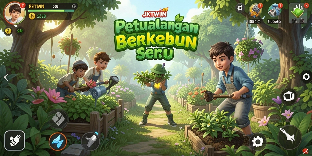 Gameplay seru JKTWIN yang menampilkan kebun indah.