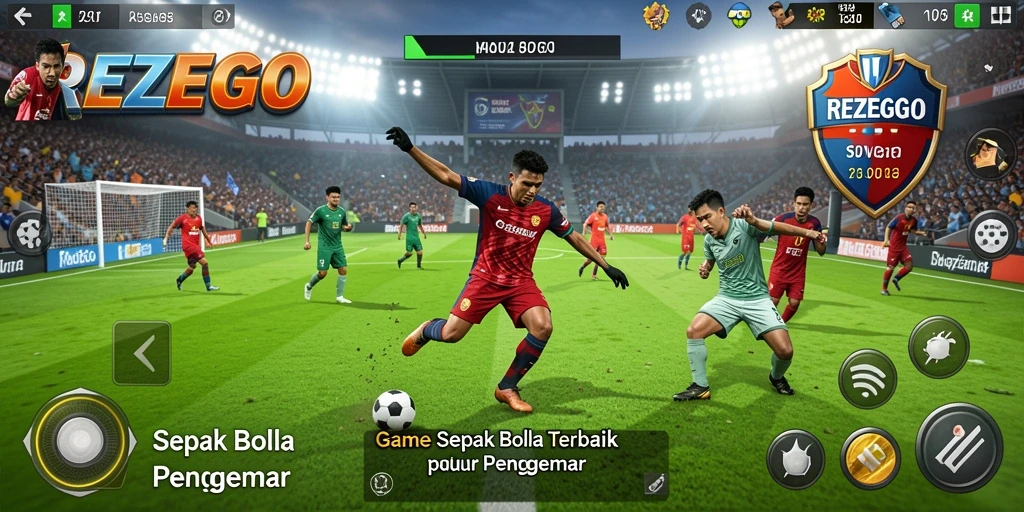 Tangkapan layar utama REZEGO menunjukkan aksi laga sepak bola yang mendebarkan.