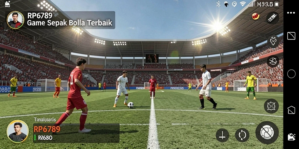Screenshot gameplay RP6789 yang menunjukkan aksi pertandingan sepak bola yang seru.