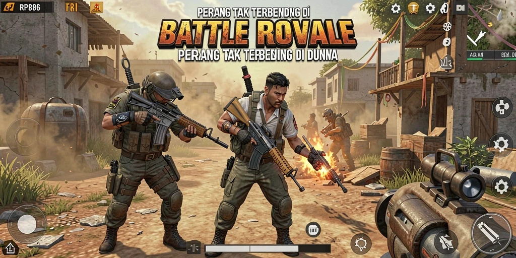 Screenshot gameplay RP886 menampilkan pertarungan seru dalam Battle Royale.