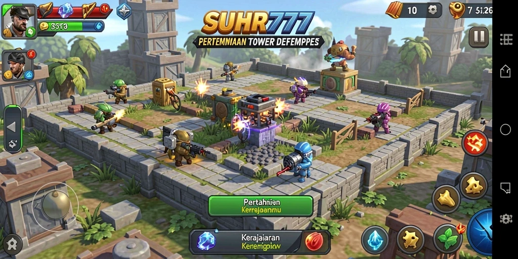 Tangkapan layar gameplay <strong>Suhu777</strong> menampilkan menara yang berperan dalam pertempuran Tower Defense.